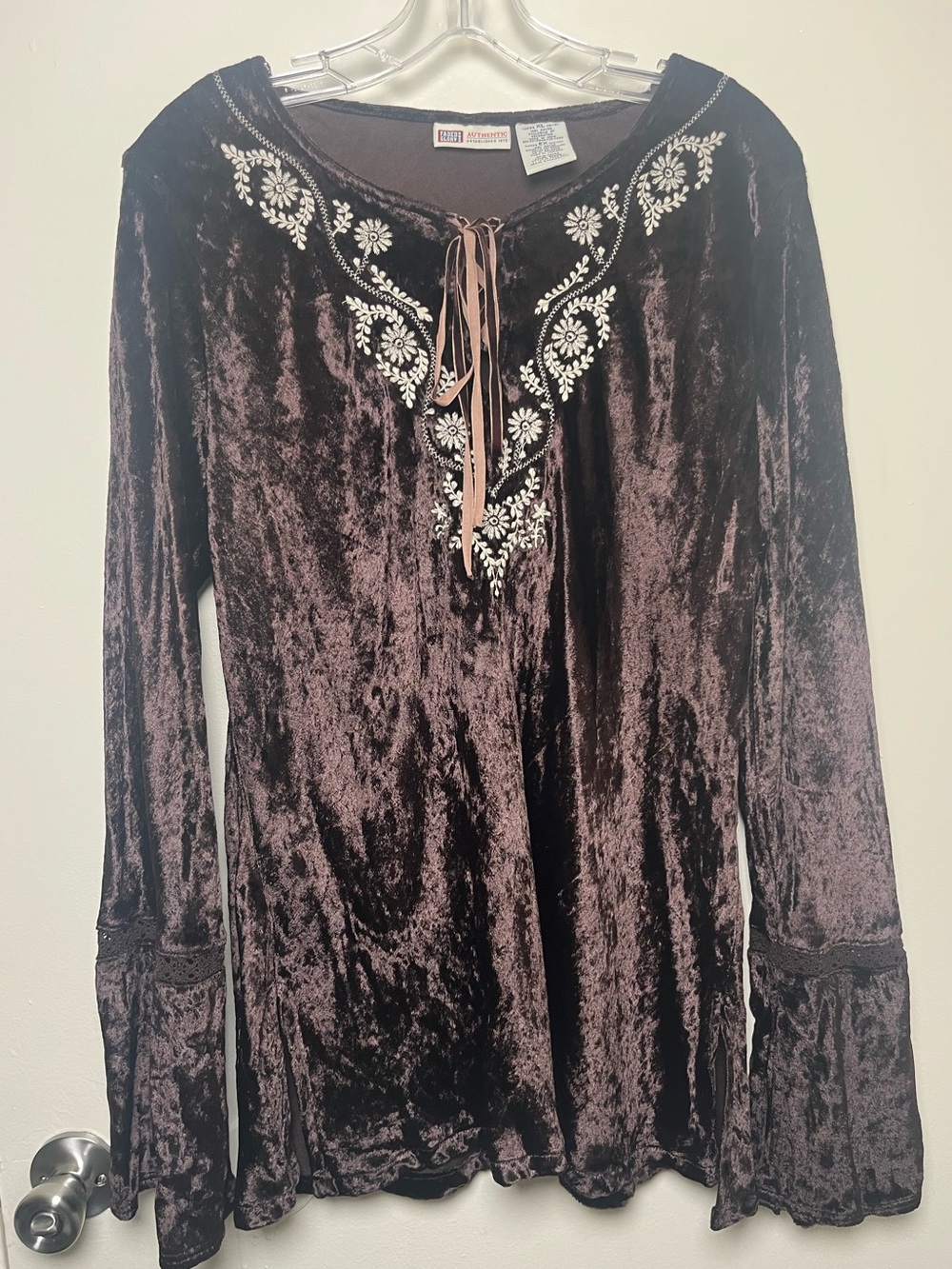 Faded Glory Whimsigoth Western Brown Velvet Embroidered Tie-Front Size XL